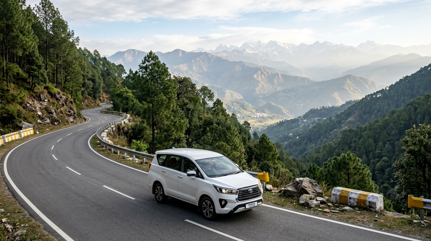 Clean modern private taxi on scenic Uttarakhand mountain road